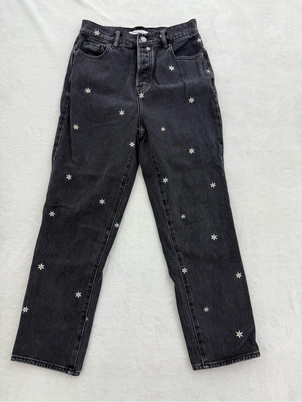 Pacsun High Rise Straight Jeans 25 Black Embroidered Daisies boho festival